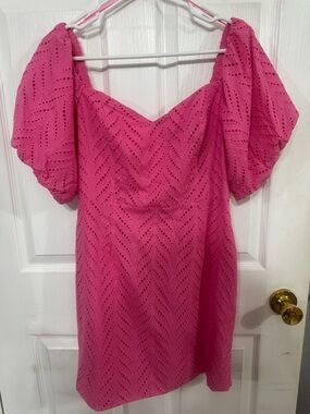 Pink Mini Eyelet Puff-Sleeve Dress